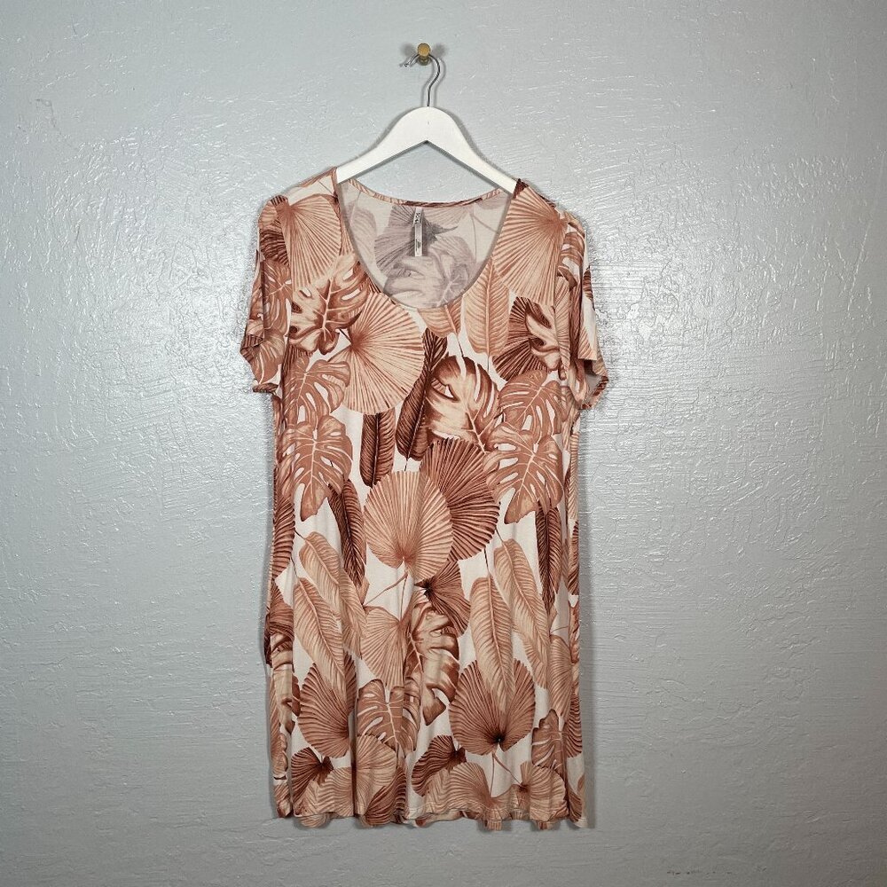 Soma Women L White Tan Tropical Cool Nights Nightgown Sleep Shirt Short Sleeve